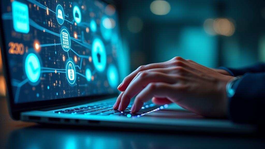 Close-up view of hands typing on a laptop with lines connecting various digital icons such as a cloud, database, security shield, and video conference symbol, representing a seamless technological ecosystem for remote work.